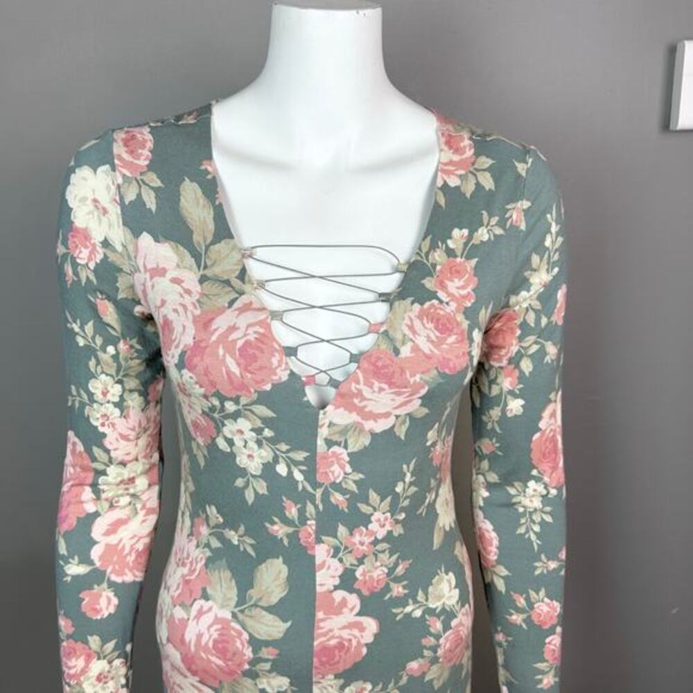 Forest Fairy dress small vtg floral sage green lace-up soft bodycon - Picture 6 of 9